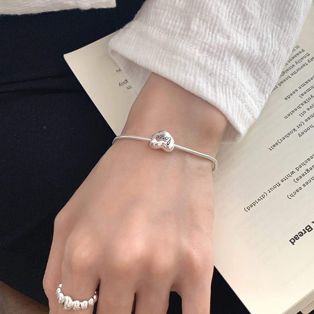 Silver S925 Sterling Silver Minimalist Heart Letter Love Bead Snake Chain Bracelet view 4