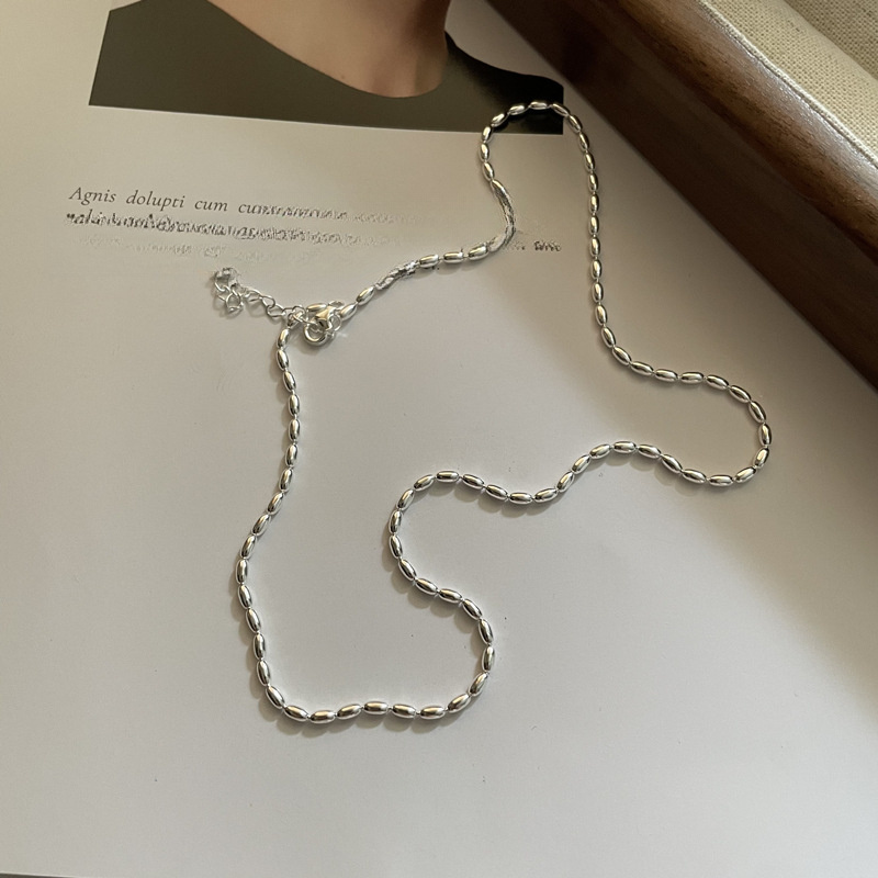 Polished Modern Olive Silver 925 Sterling Silver Minimalist Adjustable Collarbone Bead Chain Necklace view 3