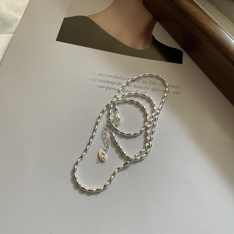 Polished Modern Olive Silver 925 Sterling Silver Minimalist Adjustable Collarbone Bead Chain Necklace view 4