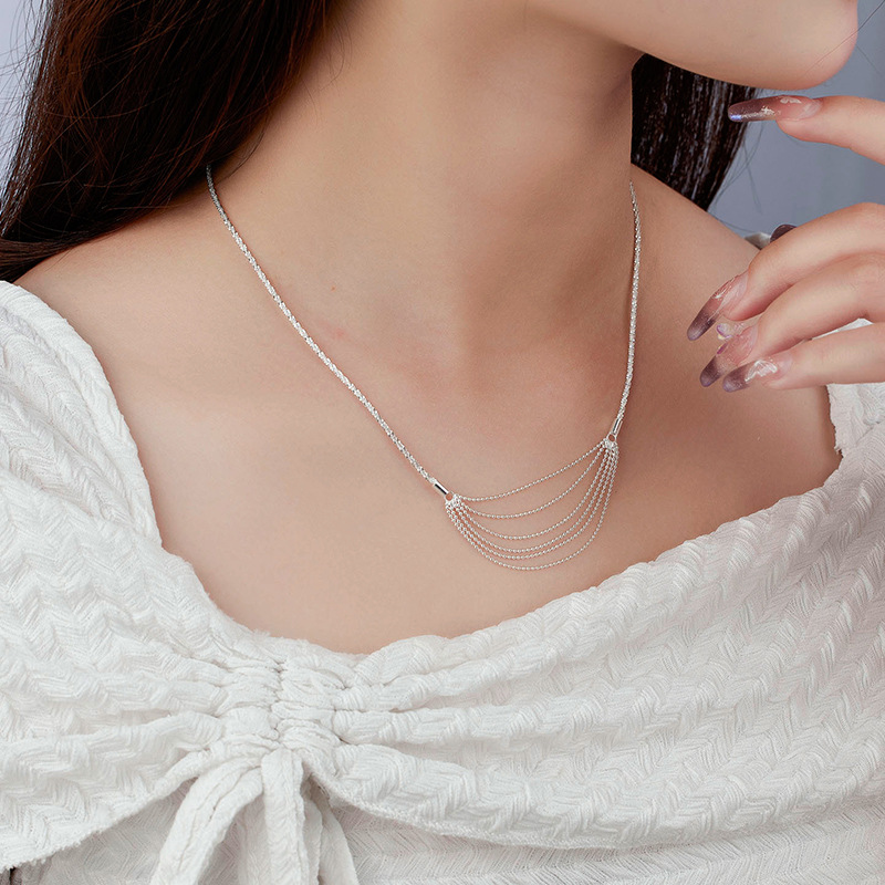 Women Minimalist Elegant Fashion Party Holiday Gift Jewelry Geometric Line Chain S925 Sterling Silver Multi Layer Bead Tassel Drape Necklace view 4