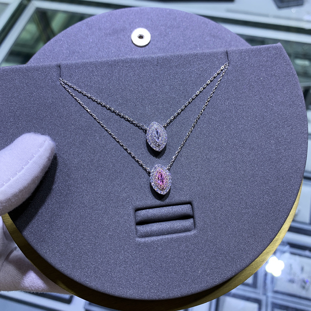 Eye Shape Pink Amazing Crystals Halo Necklace In 925 Sterling Silver Marquise Center Stone Layered Pavé Pendant Necklace view 2