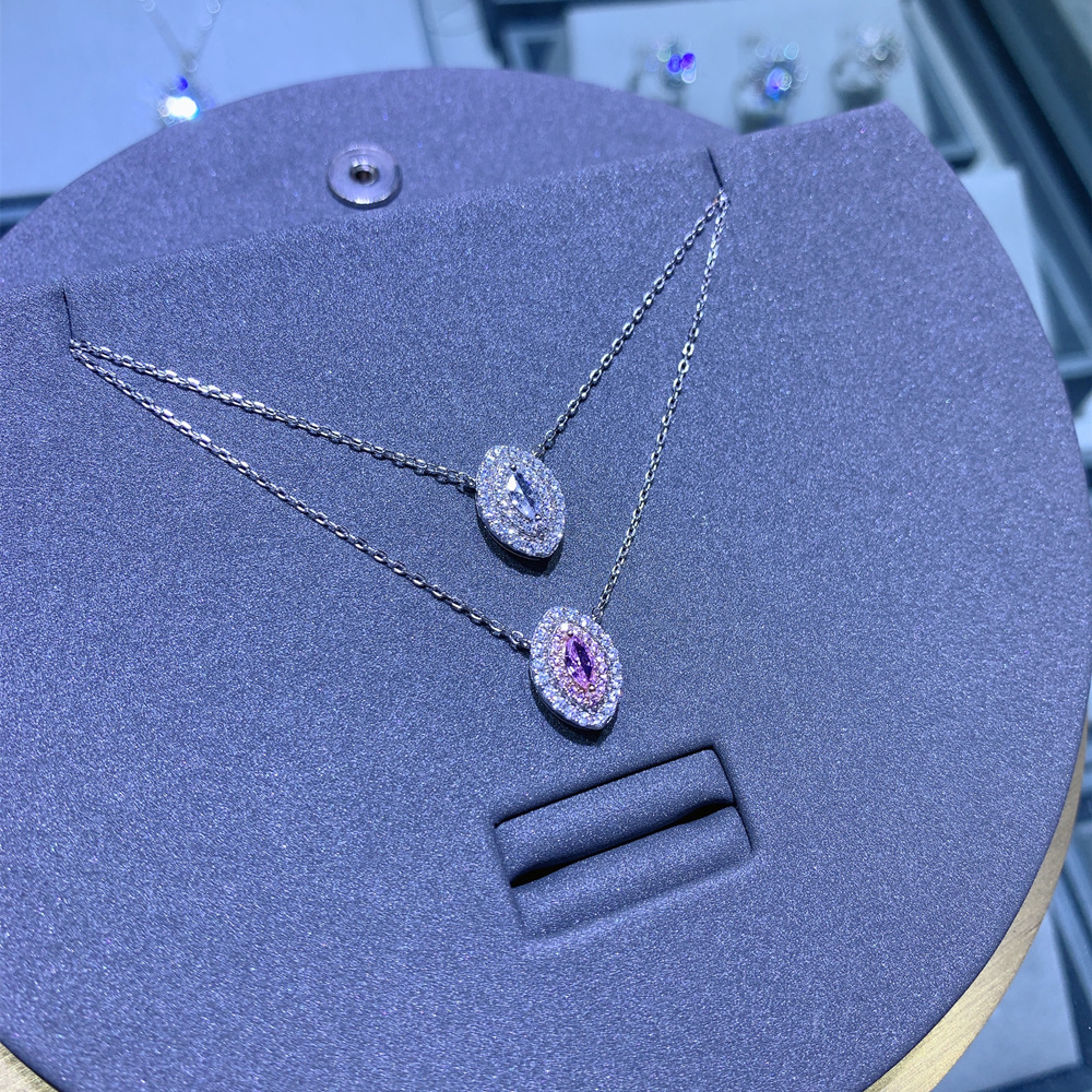 Eye Shape Pink Amazing Crystals Halo Necklace In 925 Sterling Silver Marquise Center Stone Layered Pavé Pendant Necklace view 3