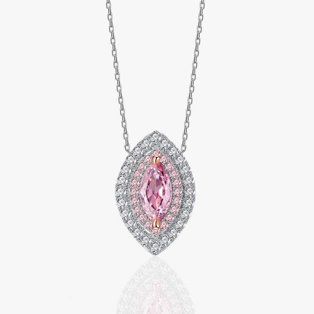 Eye Shape Pink Amazing Crystals Halo Necklace In 925 Sterling Silver Marquise Center Stone Layered Pavé Pendant Necklace view 6