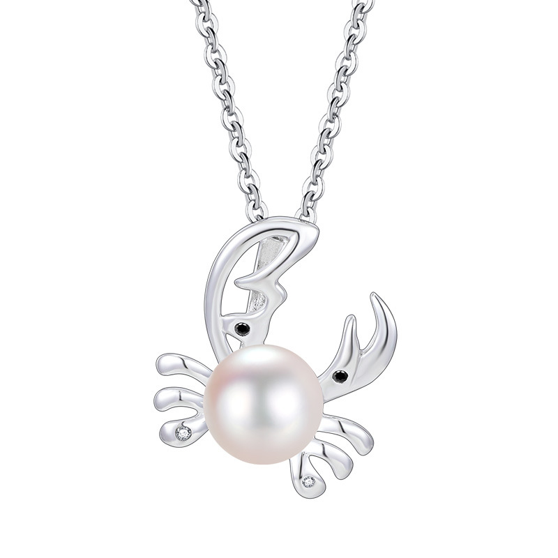 Pearl Crab O Chain Cute Ocean Inspired Genuine 925 Sterling Silver Pendant Necklace