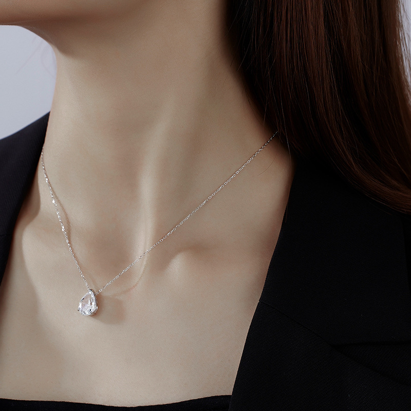 Elegant Teardrop Pendant O Chain Pear Cut Clear Amazing Crystals 925 Sterling Silver Necklace view 4