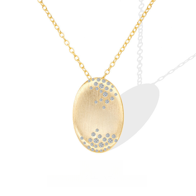 Geometric Oval Brushed Finish Amazing Crystals 18K Gold Plated 925 Sterling Silver Pendant Necklace view 2