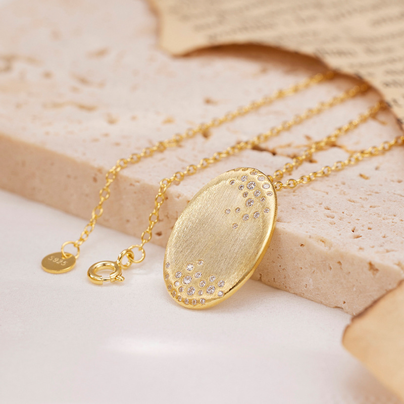 Geometric Oval Brushed Finish Amazing Crystals 18K Gold Plated 925 Sterling Silver Pendant Necklace view 3