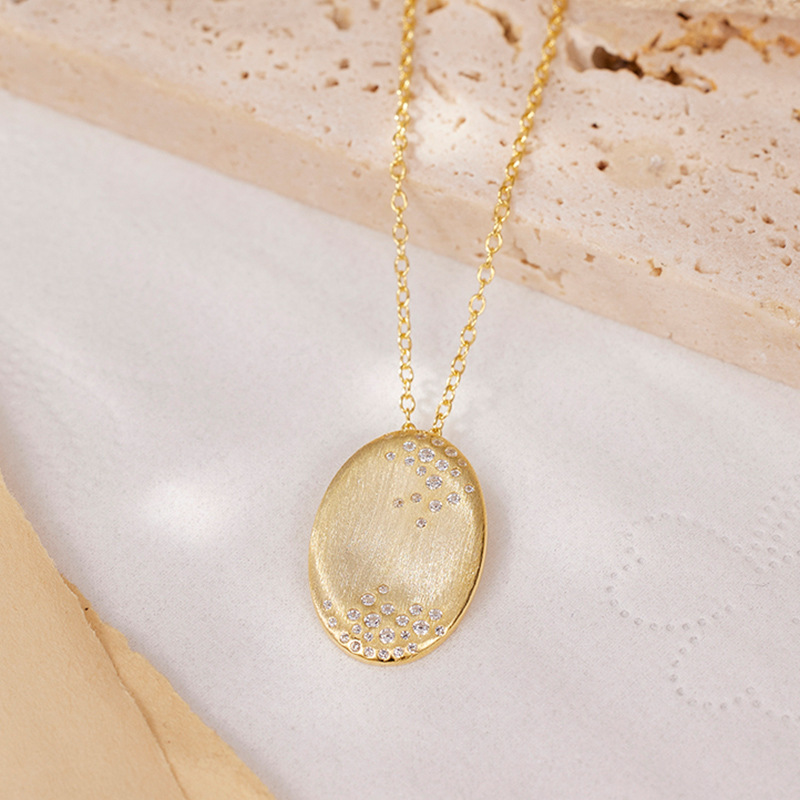 Geometric Oval Brushed Finish Amazing Crystals 18K Gold Plated 925 Sterling Silver Pendant Necklace view 5