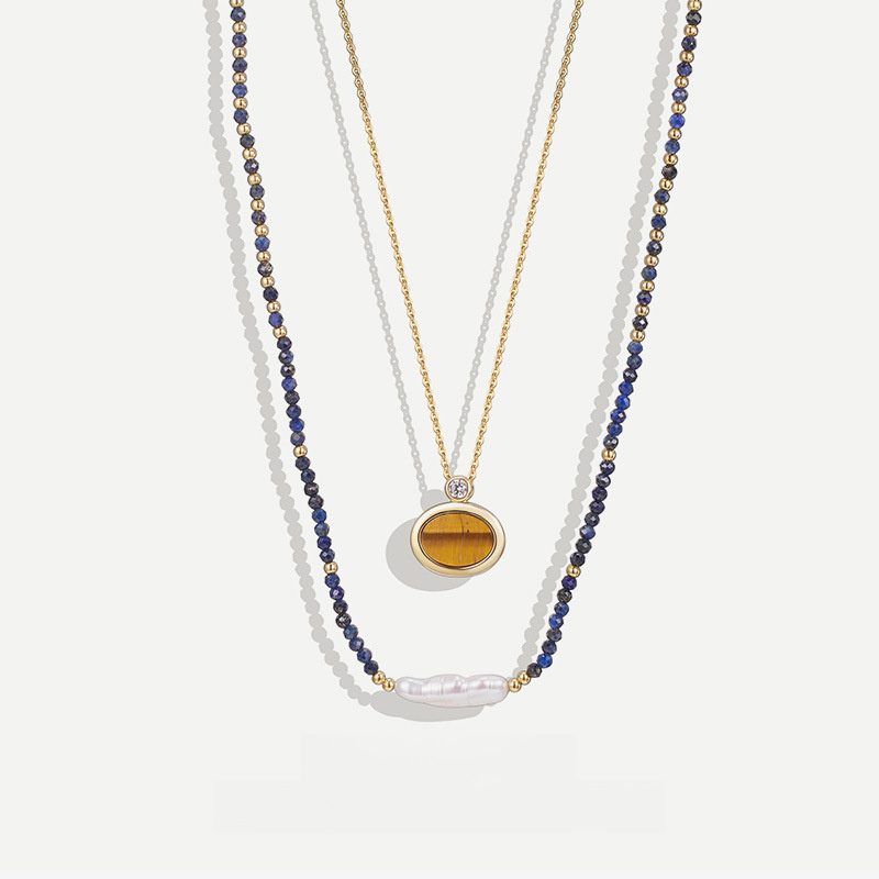 925 Sterling Silver Blue Lapis Lazuli Bead Baroque Pearl Strand And Tiger Eye Oval Pendant Layered Necklace Set view 2