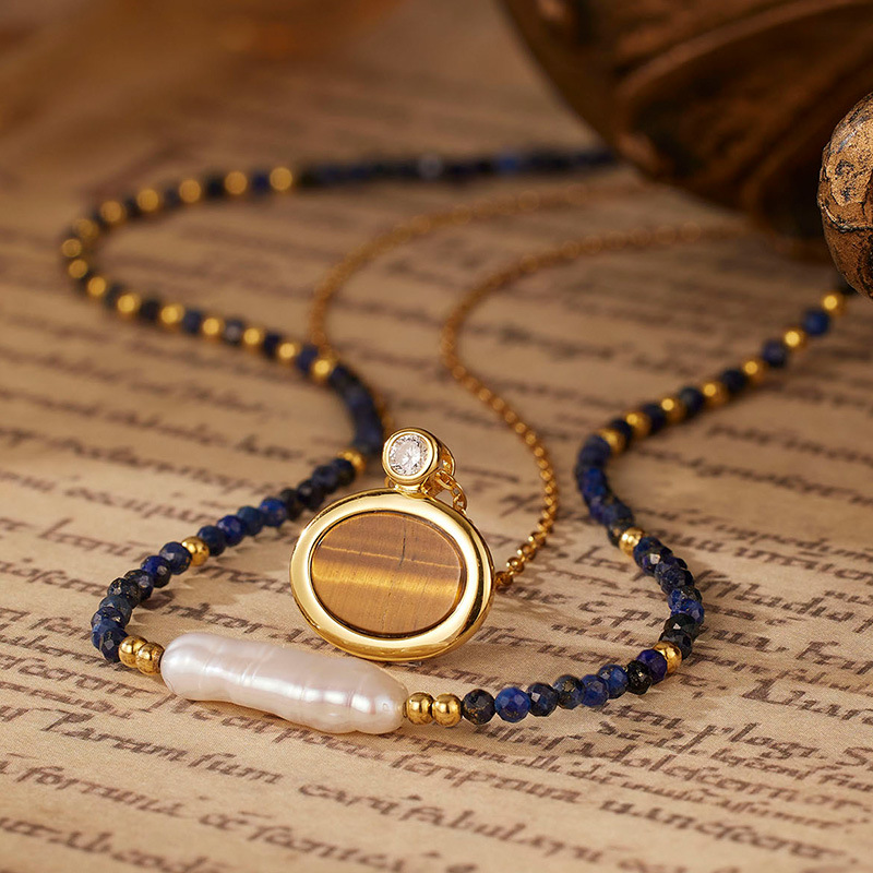 925 Sterling Silver Blue Lapis Lazuli Bead Baroque Pearl Strand And Tiger Eye Oval Pendant Layered Necklace Set view 3