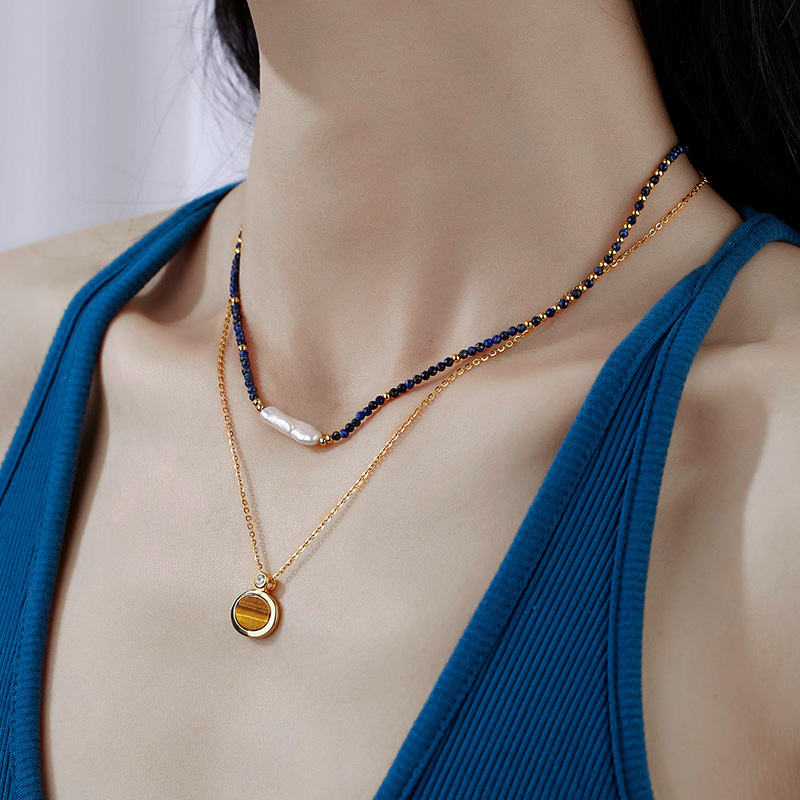 925 Sterling Silver Blue Lapis Lazuli Bead Baroque Pearl Strand And Tiger Eye Oval Pendant Layered Necklace Set view 4