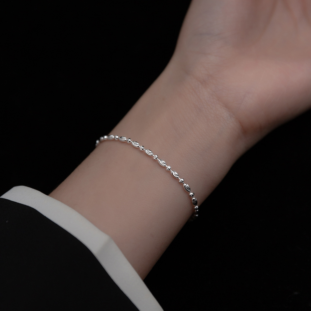 Minimalist Geometric Delicate Adjustable Extension Pure Metal Silver S925 Sterling Silver Oval Bead Chain Bracelet view 3