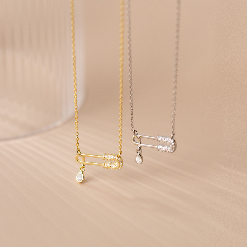 Amazing Crystals Safety Pin Drop Pendant S925 Sterling Silver Minimalist Geometric Chain Necklace view 2