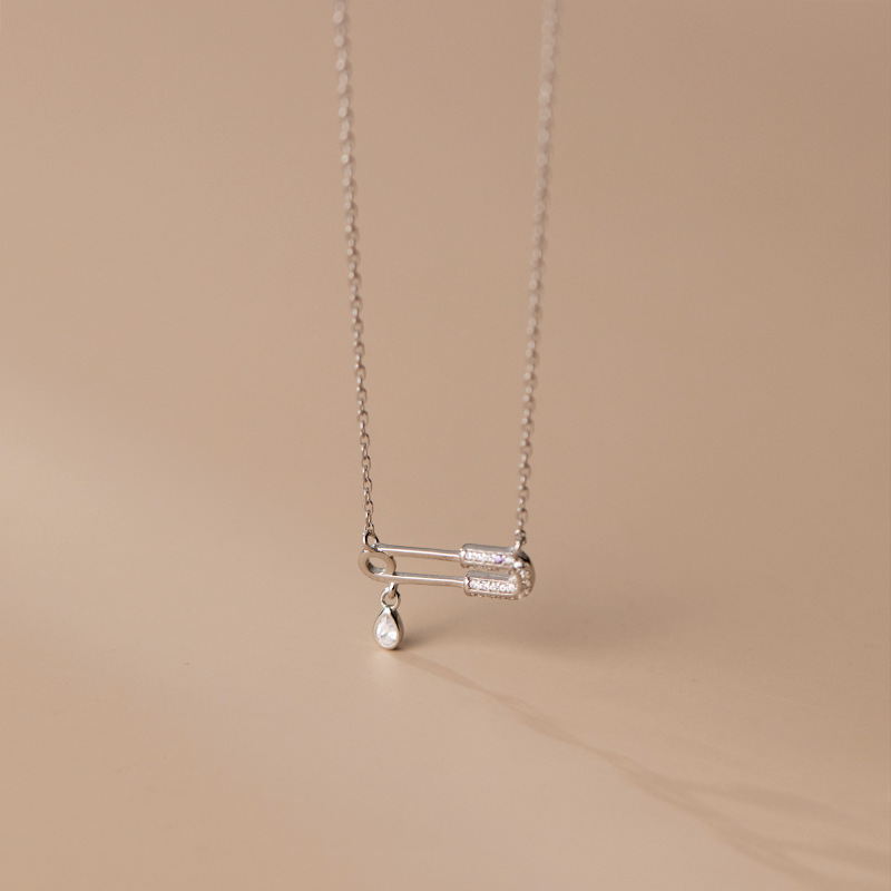 Amazing Crystals Safety Pin Drop Pendant S925 Sterling Silver Minimalist Geometric Chain Necklace view 3