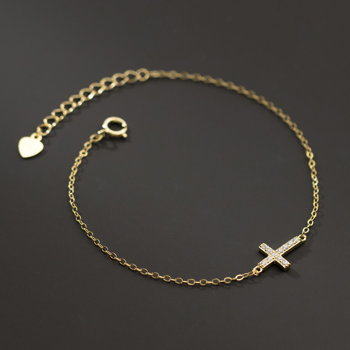 Gold Tone Cross Amazing Crystals 925 Sterling Silver Religious Chain Bracelet