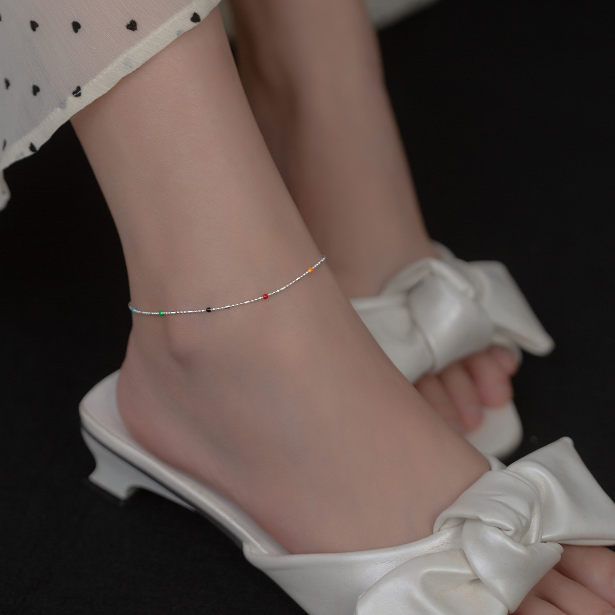 Mini Delicate Multicolor Round Bead Geometric Silver Anklet Pure Metal S925 Sterling Silver Adjustable Chain Anklet view 2