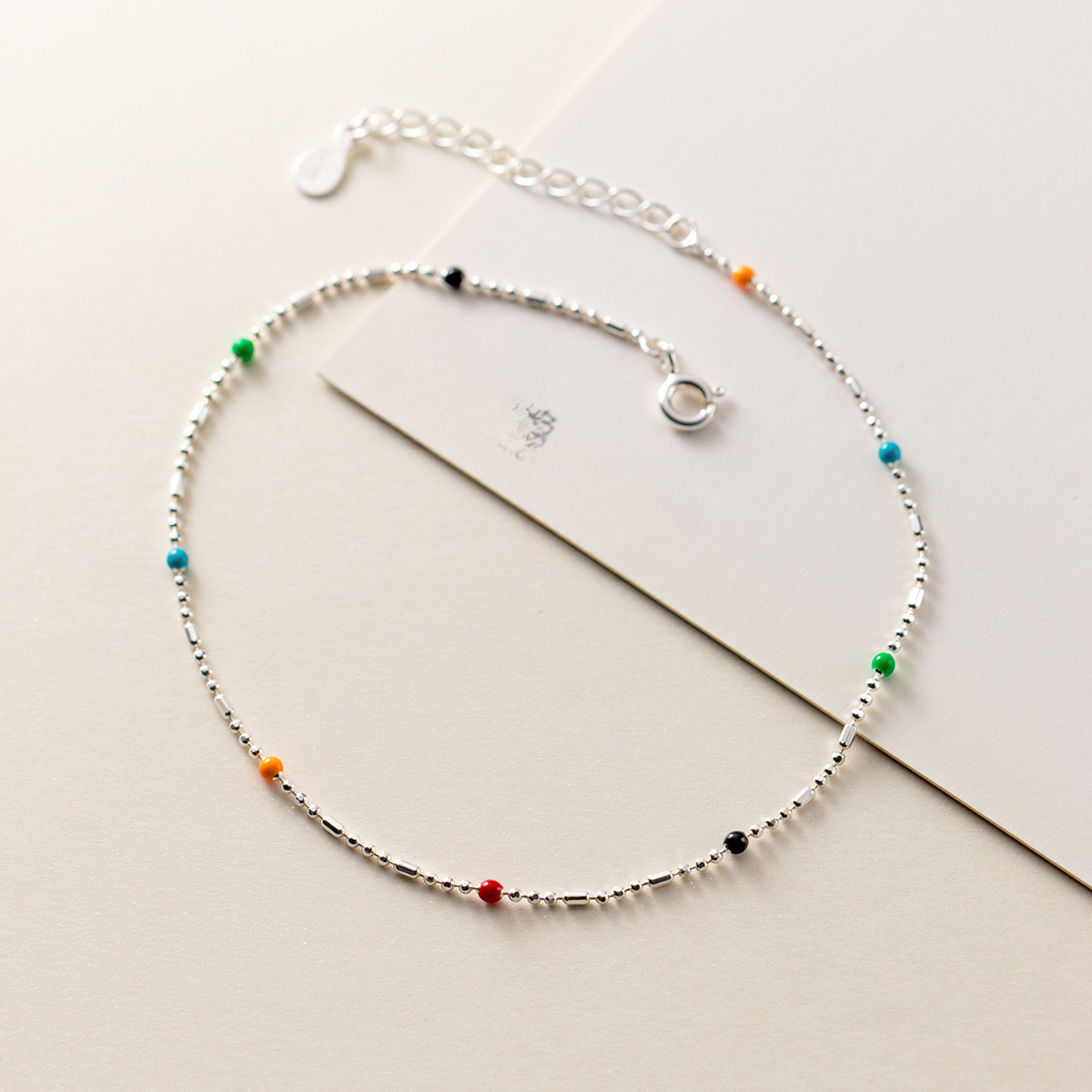 Mini Delicate Multicolor Round Bead Geometric Silver Anklet Pure Metal S925 Sterling Silver Adjustable Chain Anklet view 3