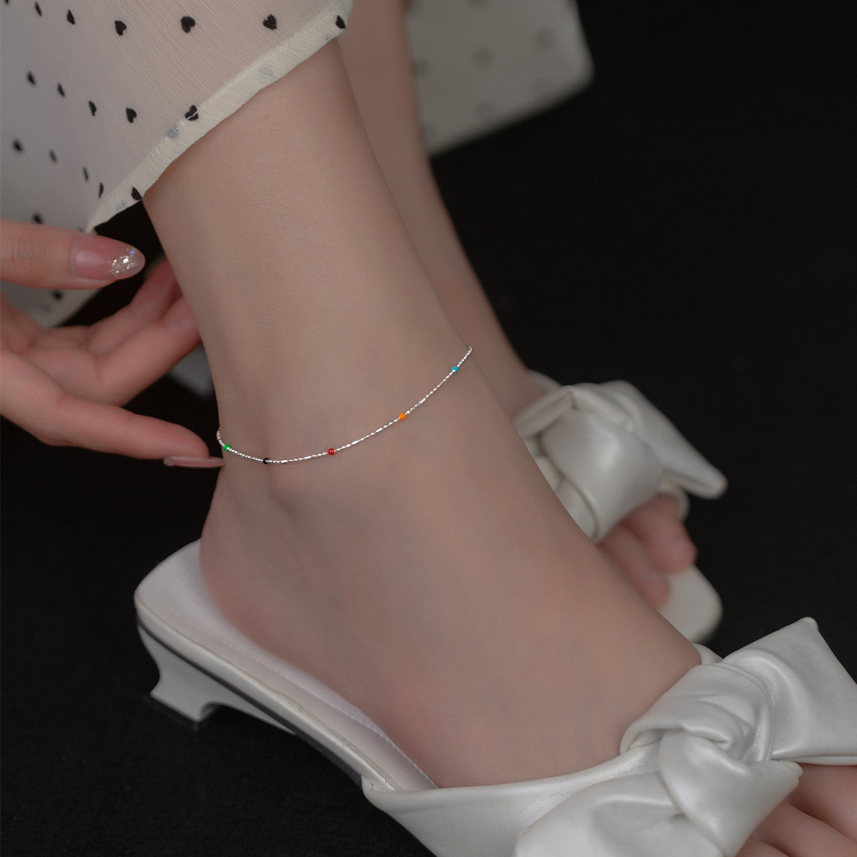 Mini Delicate Multicolor Round Bead Geometric Silver Anklet Pure Metal S925 Sterling Silver Adjustable Chain Anklet view 4