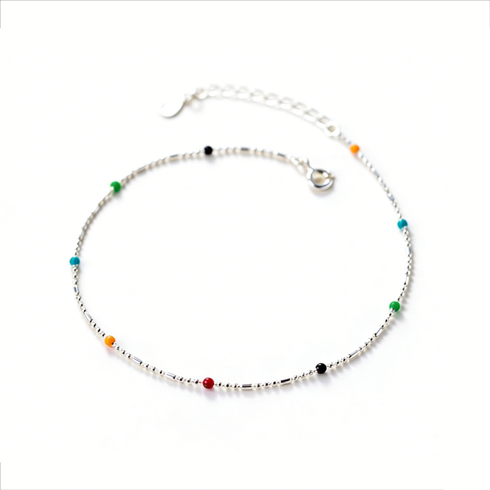 Mini Delicate Multicolor Round Bead Geometric Silver Anklet Pure Metal S925 Sterling Silver Adjustable Chain Anklet view 5