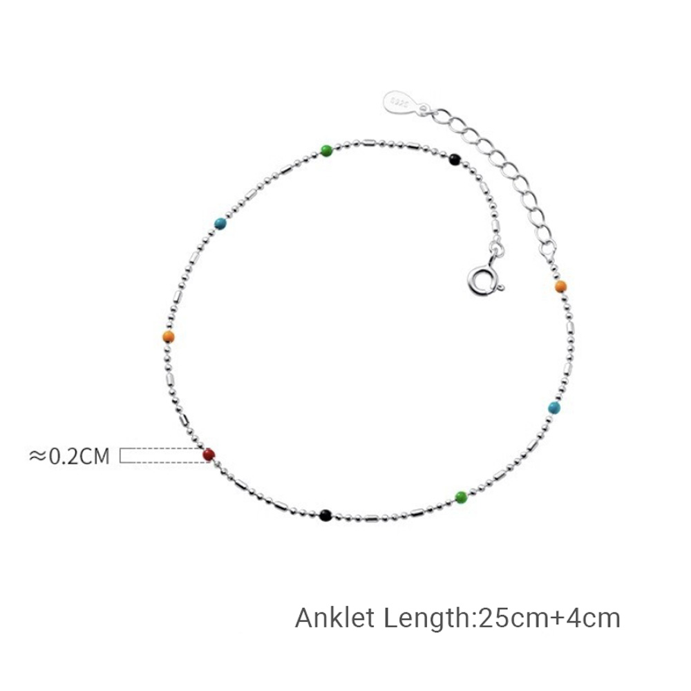 Mini Delicate Multicolor Round Bead Geometric Silver Anklet Pure Metal S925 Sterling Silver Adjustable Chain Anklet view 6