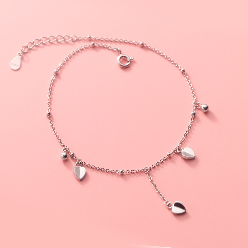 Pure Metal Polished Heart Charm Bead Chain S925 Sterling Silver Anklet view 2