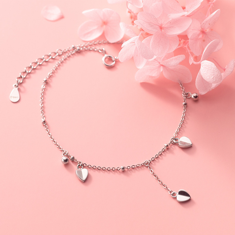 Pure Metal Polished Heart Charm Bead Chain S925 Sterling Silver Anklet view 5