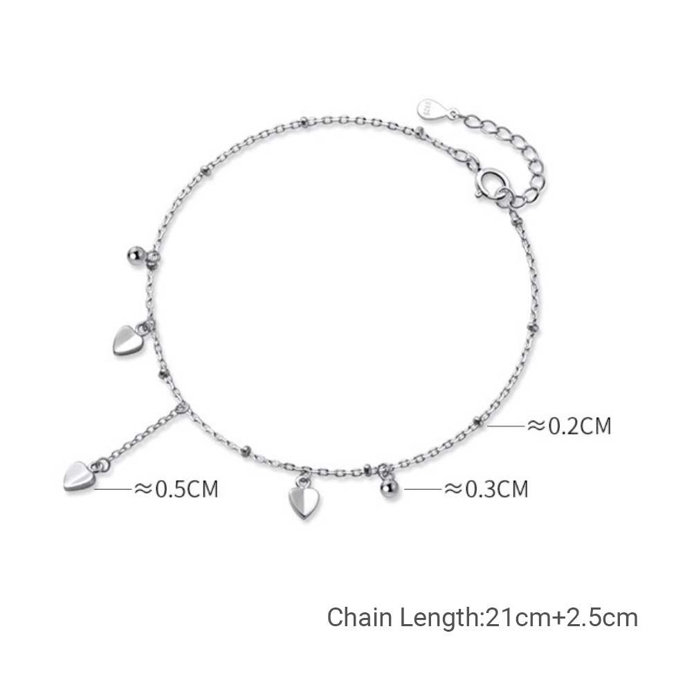 Pure Metal Polished Heart Charm Bead Chain S925 Sterling Silver Anklet view 6