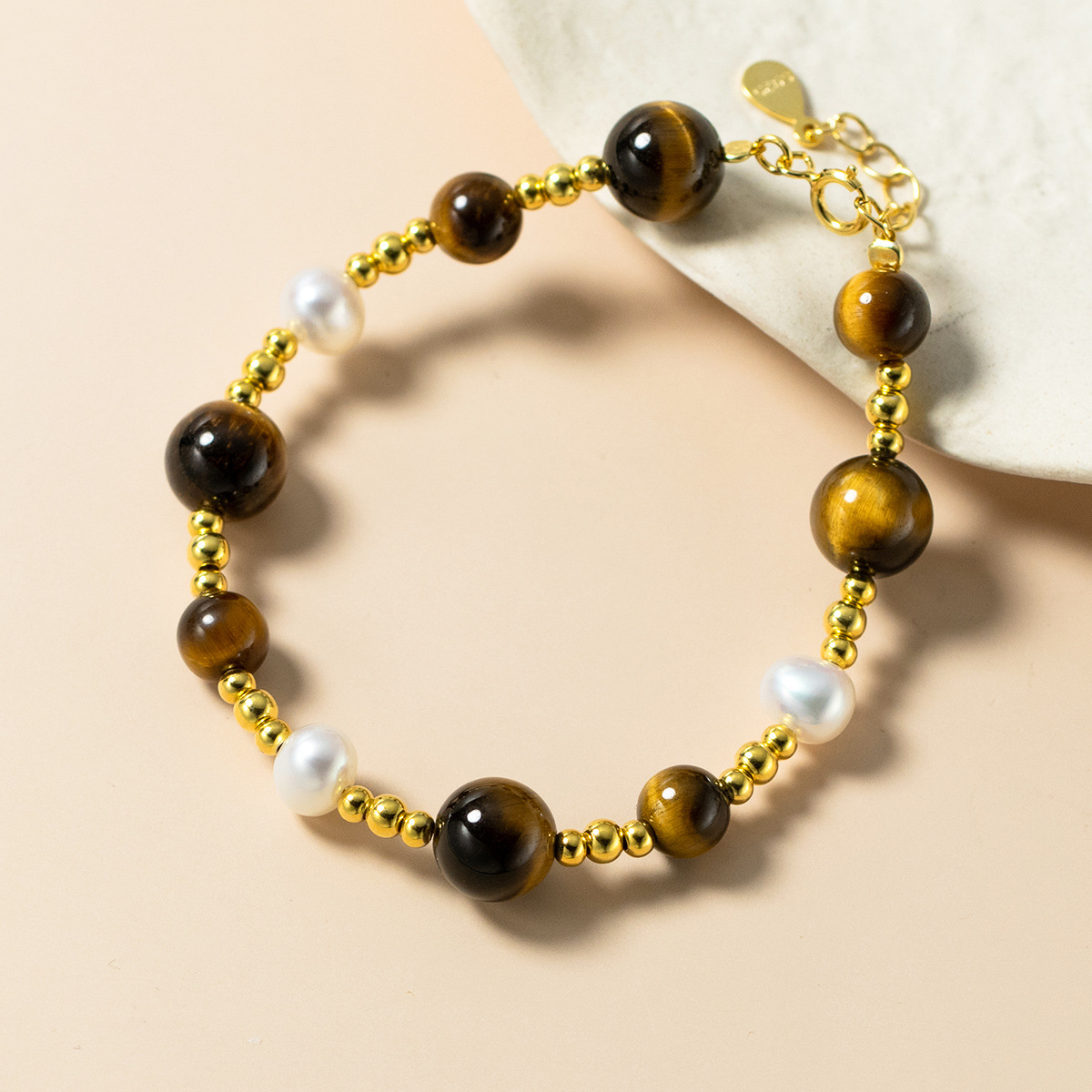 Tiger Eye Stone And Pearl Beaded S925 Silver Round Bead Chain Bracelet view 3