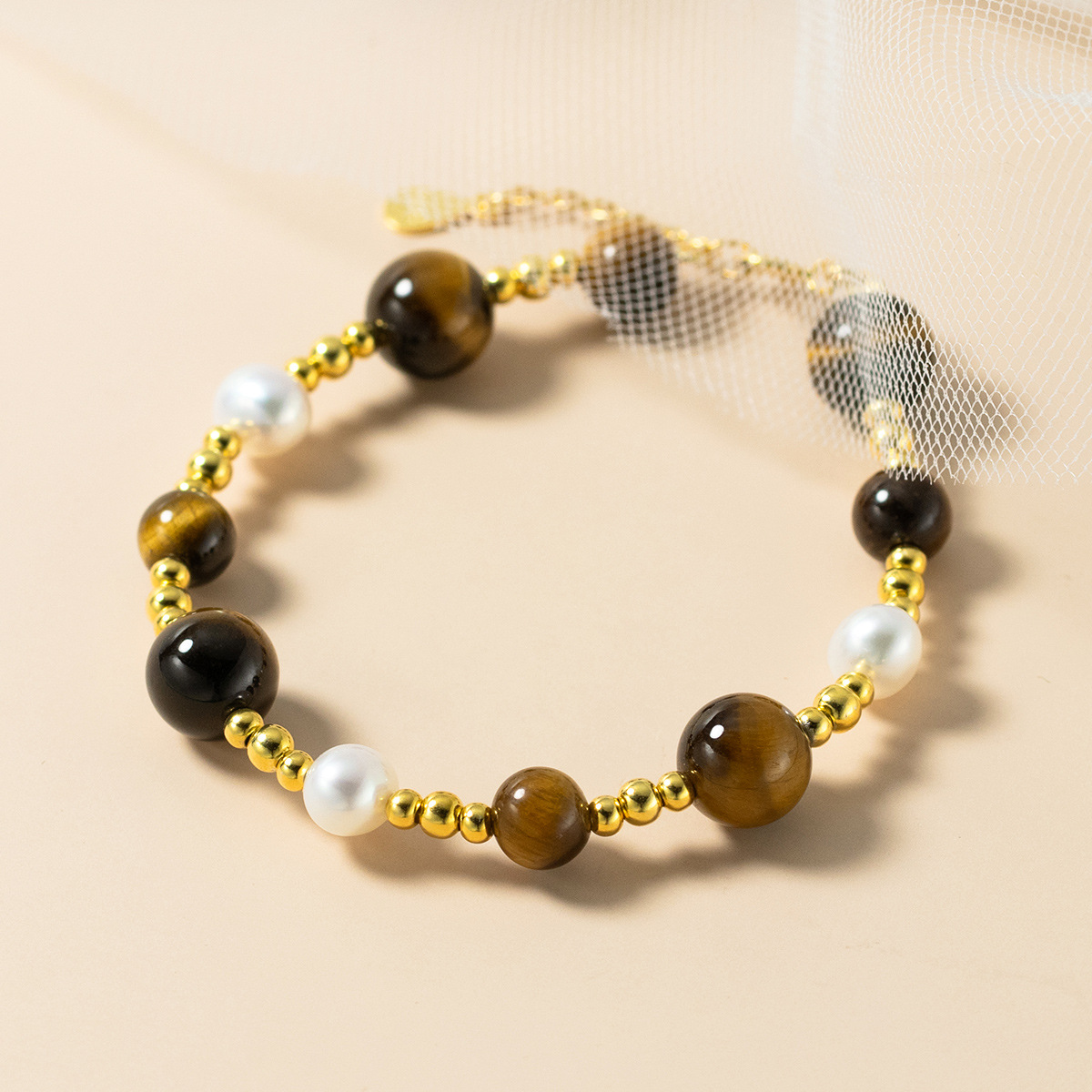 Tiger Eye Stone And Pearl Beaded S925 Silver Round Bead Chain Bracelet view 4