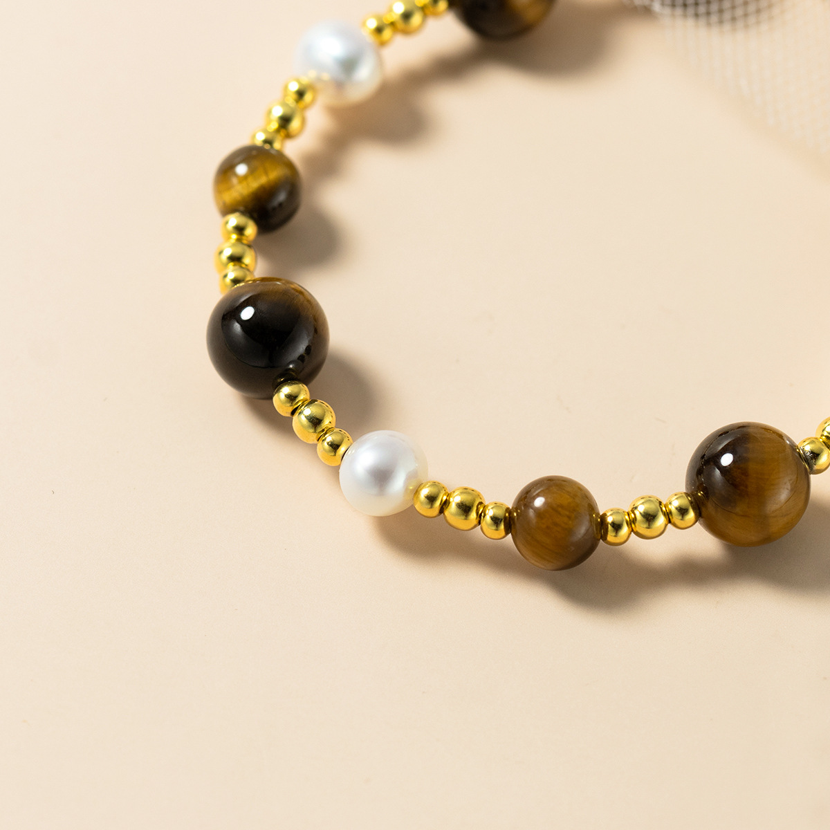 Tiger Eye Stone And Pearl Beaded S925 Silver Round Bead Chain Bracelet view 5
