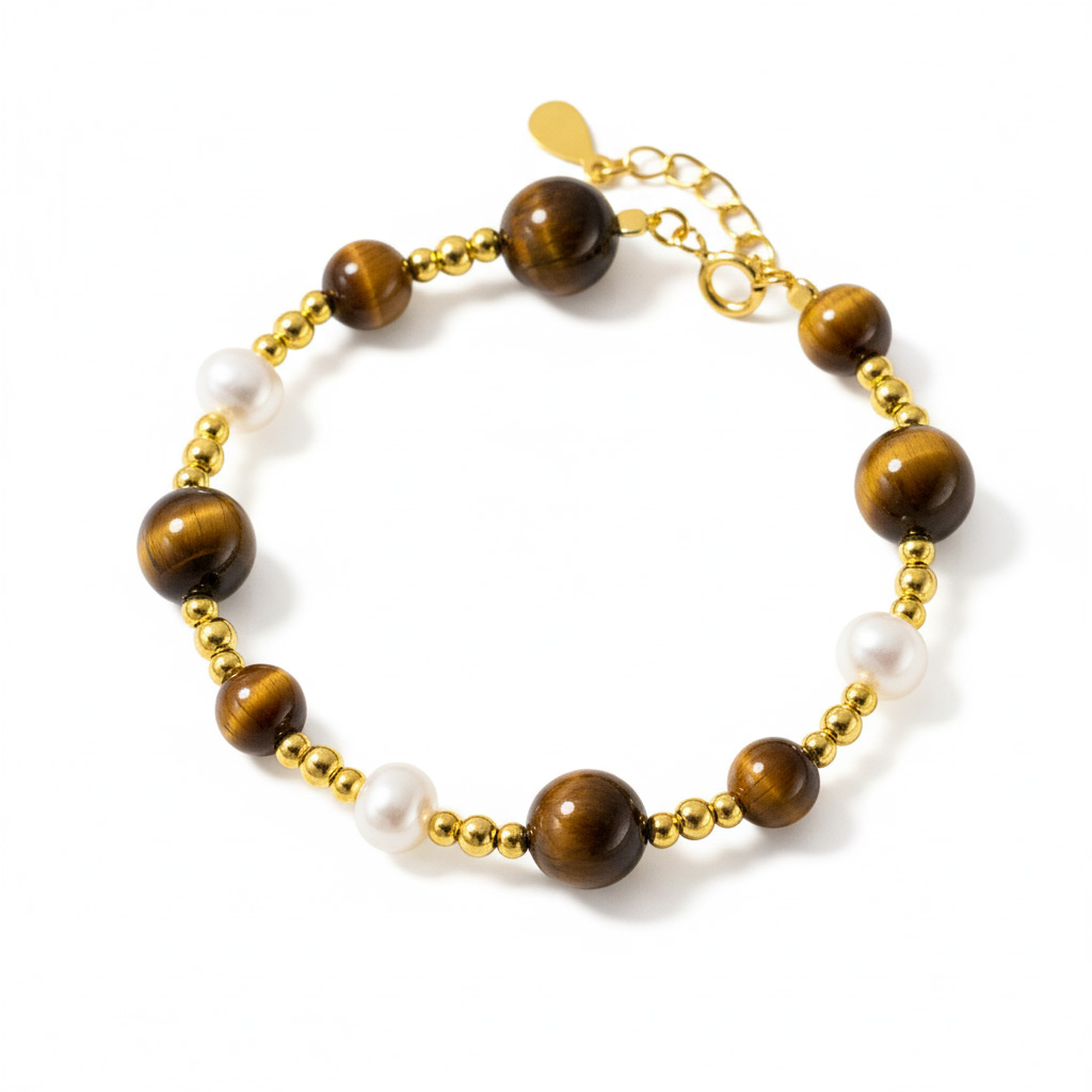 Tiger Eye Stone And Pearl Beaded S925 Silver Round Bead Chain Bracelet view 6