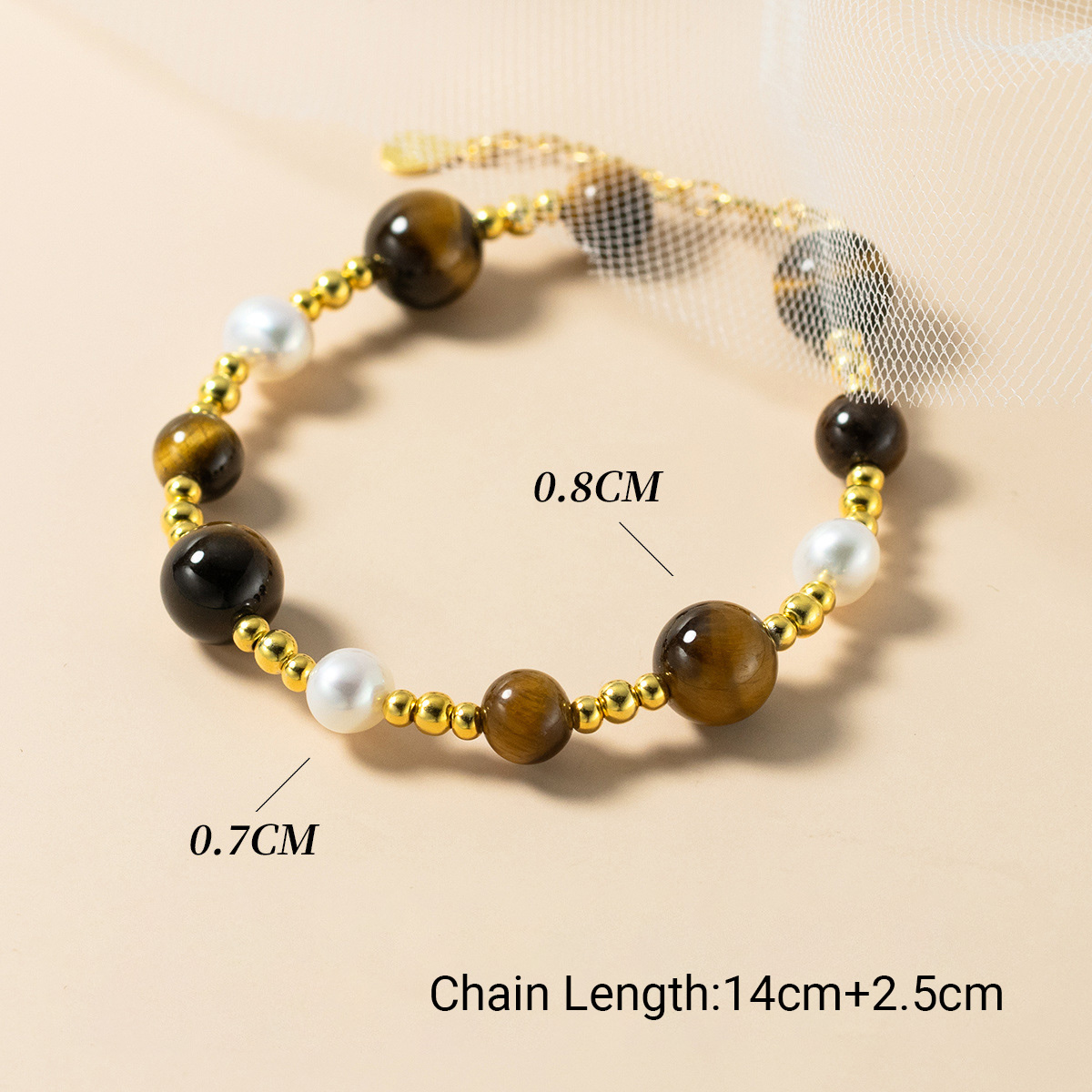 Tiger Eye Stone And Pearl Beaded S925 Silver Round Bead Chain Bracelet view 7