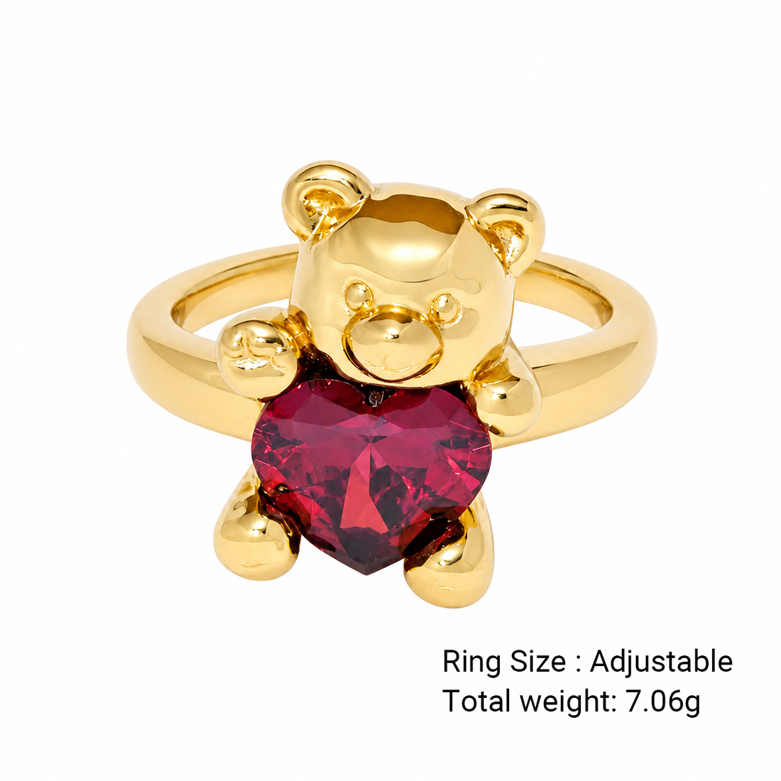 Adjustable Red Amazing Crystals Heart-Shaped Bear Design 925 Sterling Silver Ring