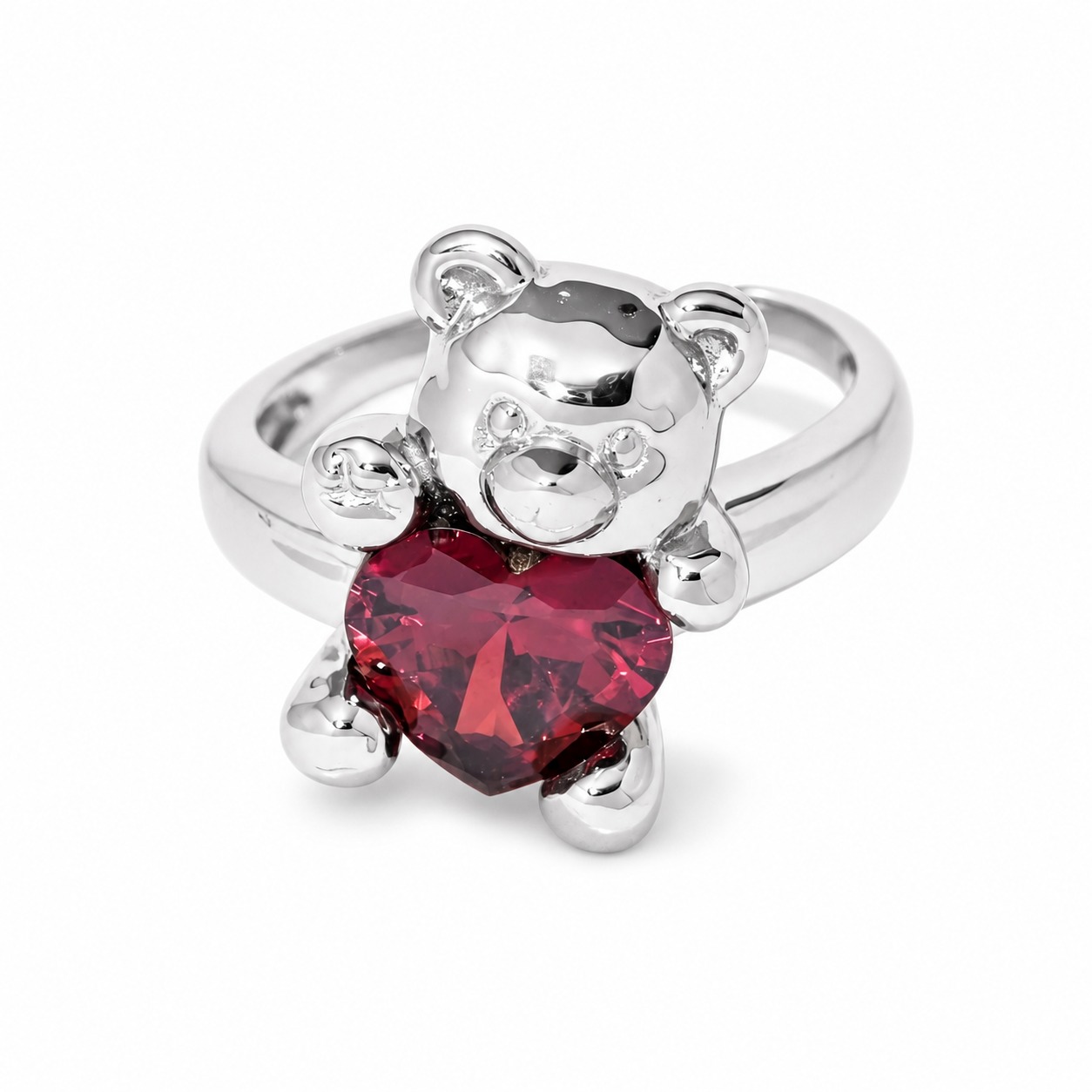 Adjustable Red Amazing Crystals Heart-Shaped Bear Design 925 Sterling Silver Ring view 3