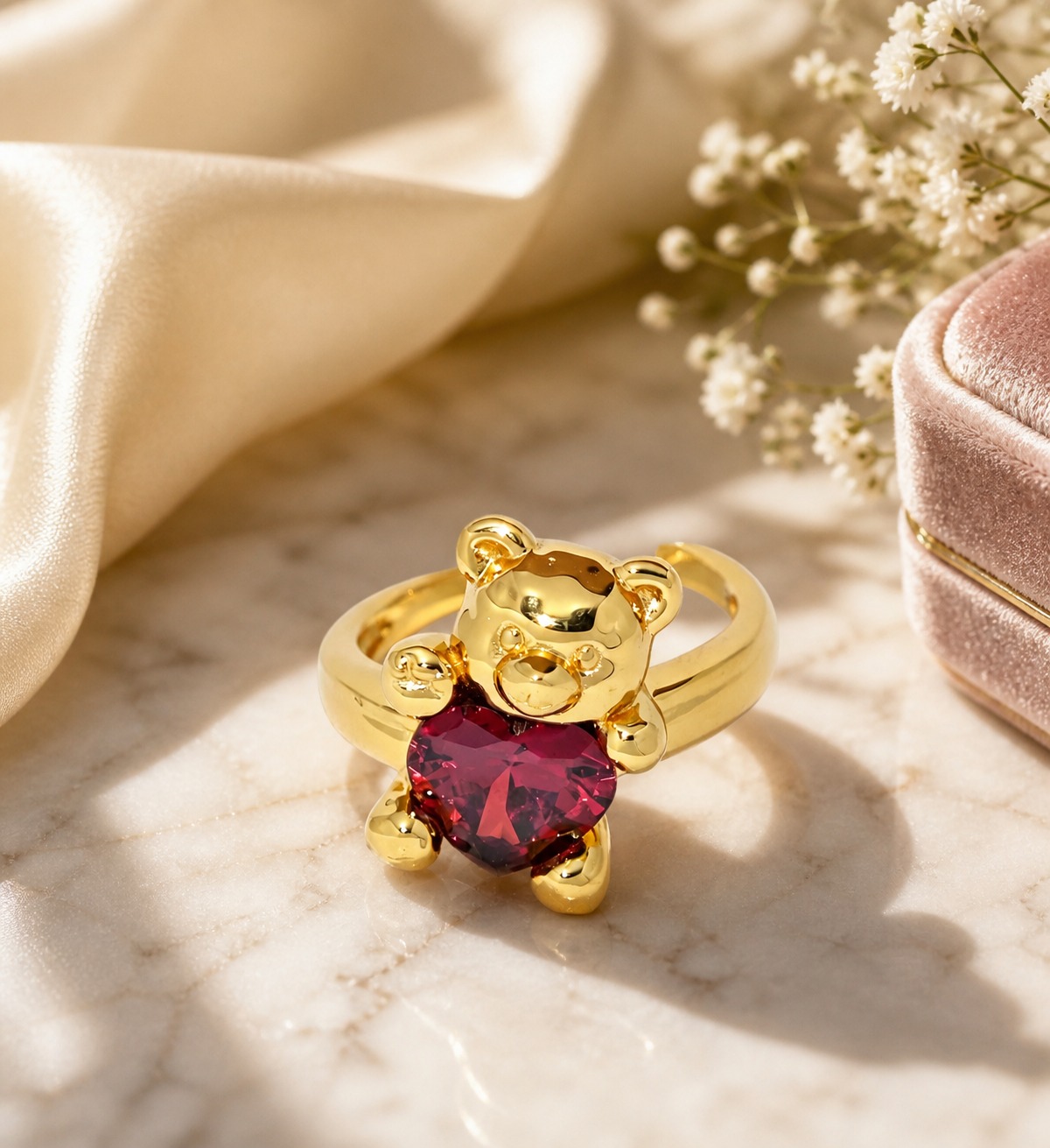 Adjustable Red Amazing Crystals Heart-Shaped Bear Design 925 Sterling Silver Ring view 5