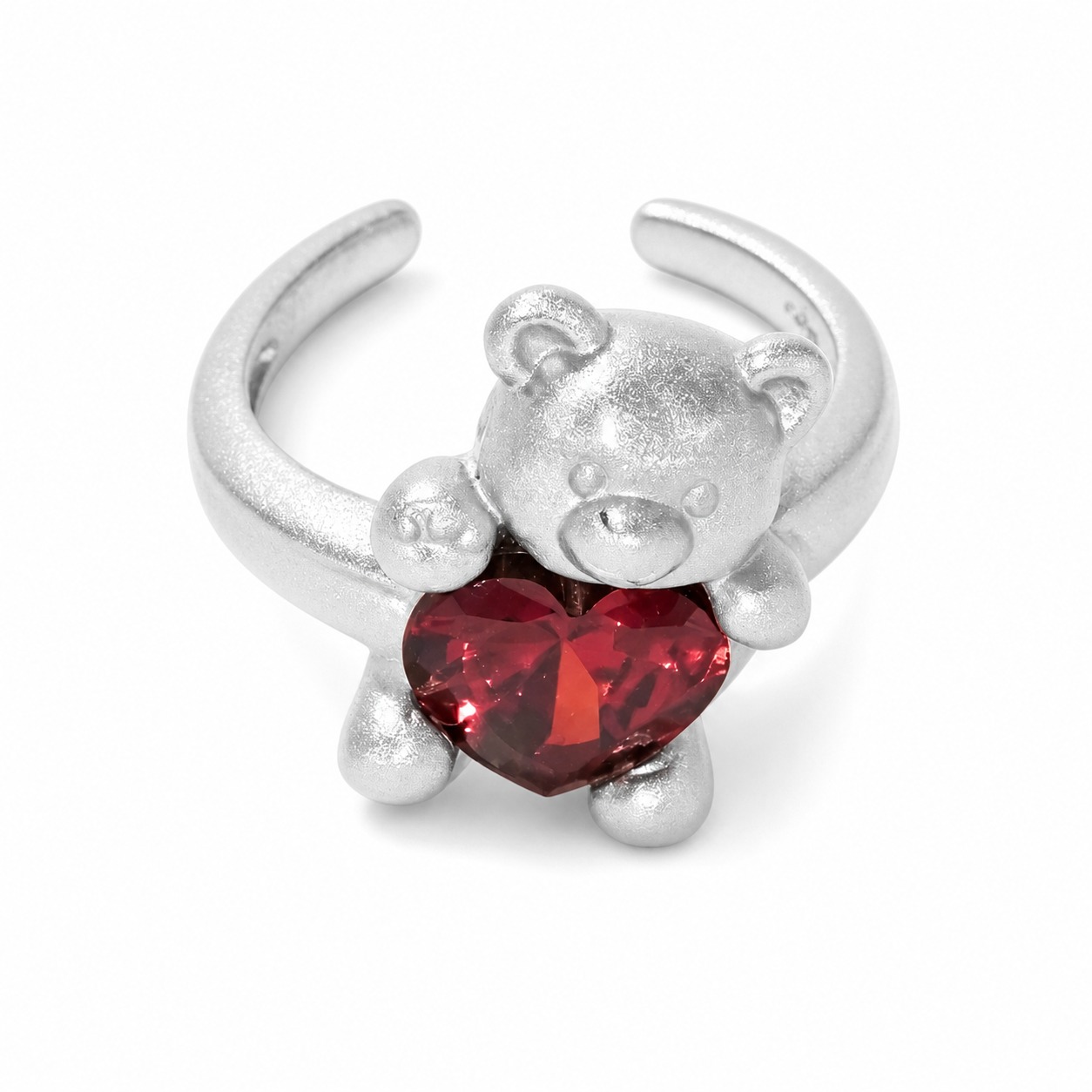Adjustable Red Amazing Crystals Heart-Shaped Bear Design 925 Sterling Silver Ring view 6