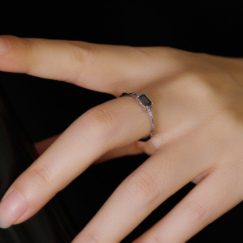 Black Rectangular Textured Irregular Adjustable 925 Sterling Silver Ring view 3