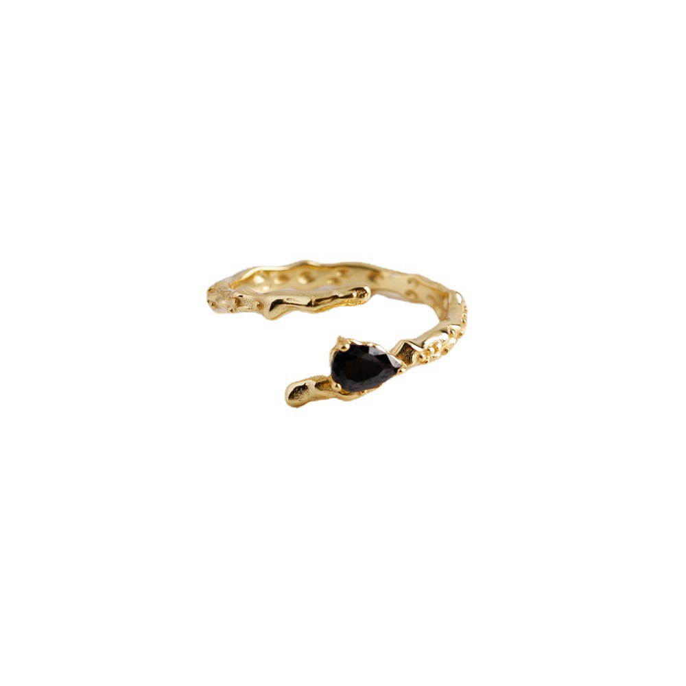 Black Teardrop Shaped Amazing Crystals Irregular Textured Wave Design 925 Sterling Silver Ring
