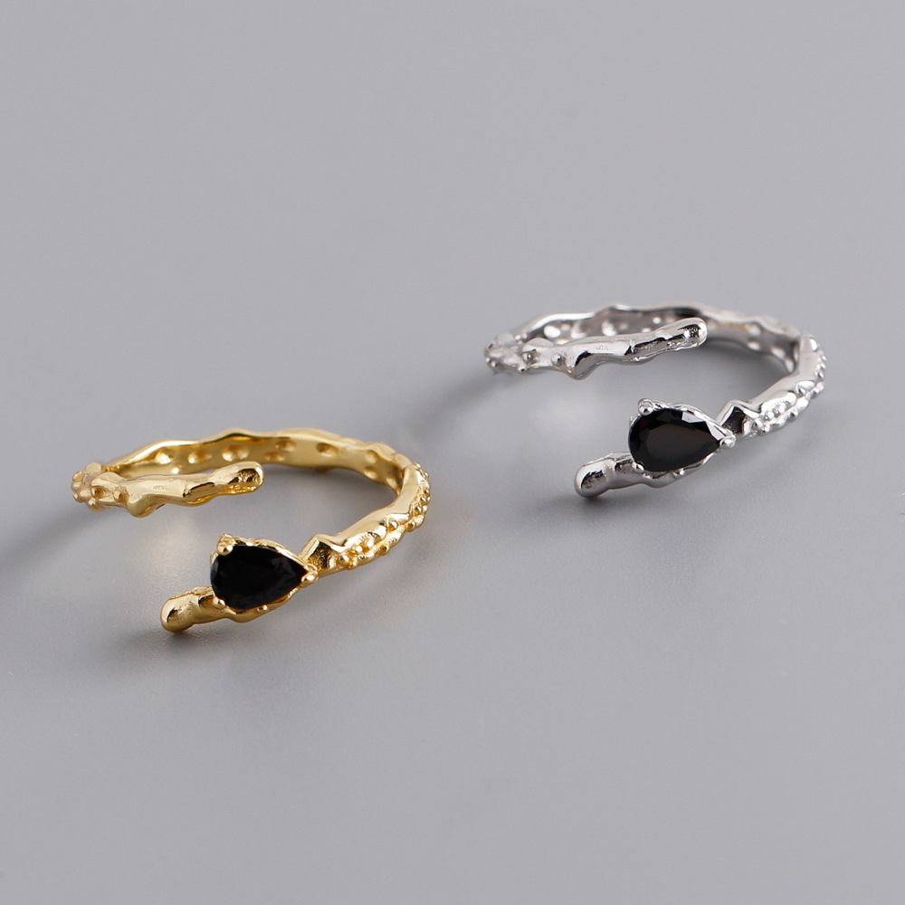 Black Teardrop Shaped Amazing Crystals Irregular Textured Wave Design 925 Sterling Silver Ring view 2