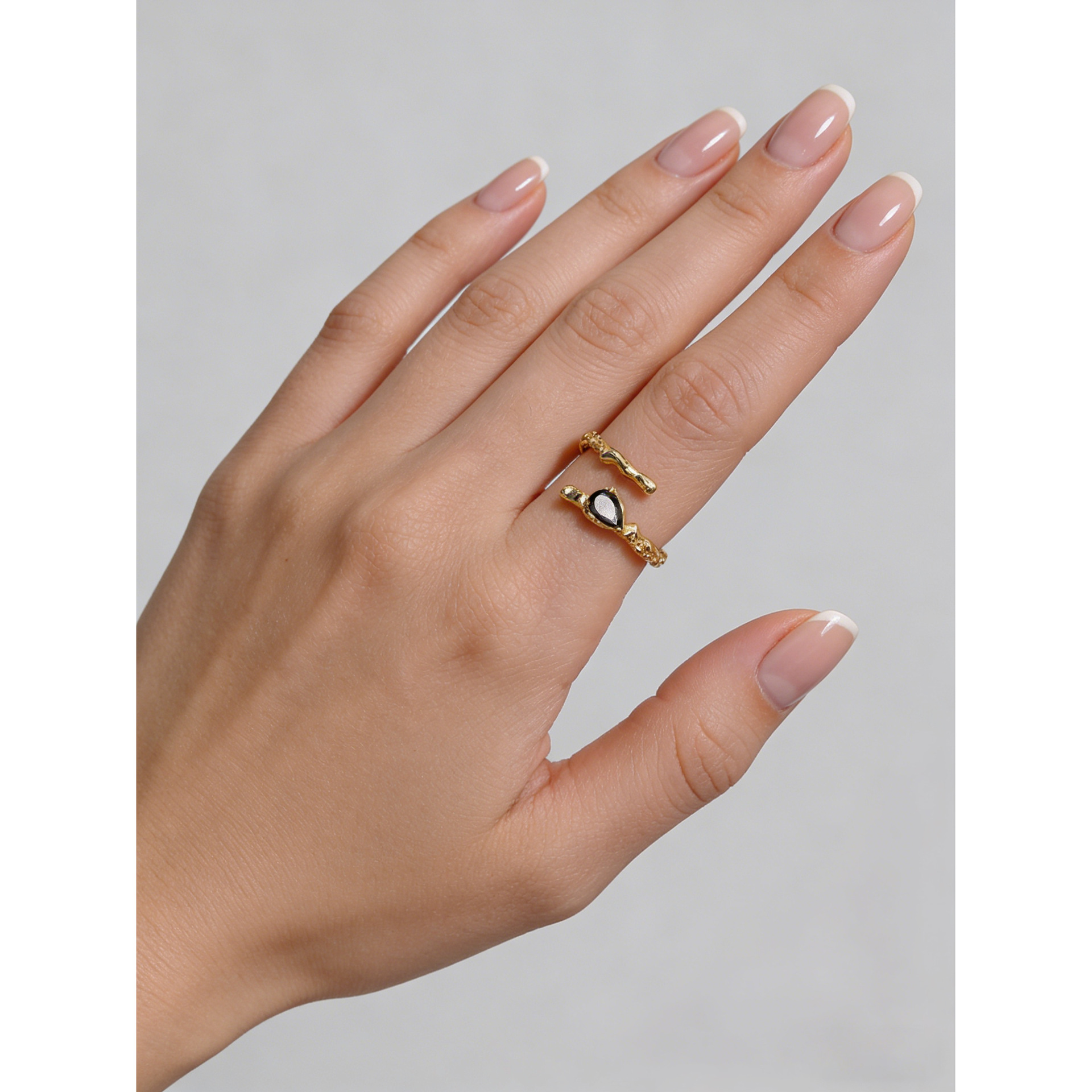 Black Teardrop Shaped Amazing Crystals Irregular Textured Wave Design 925 Sterling Silver Ring view 3
