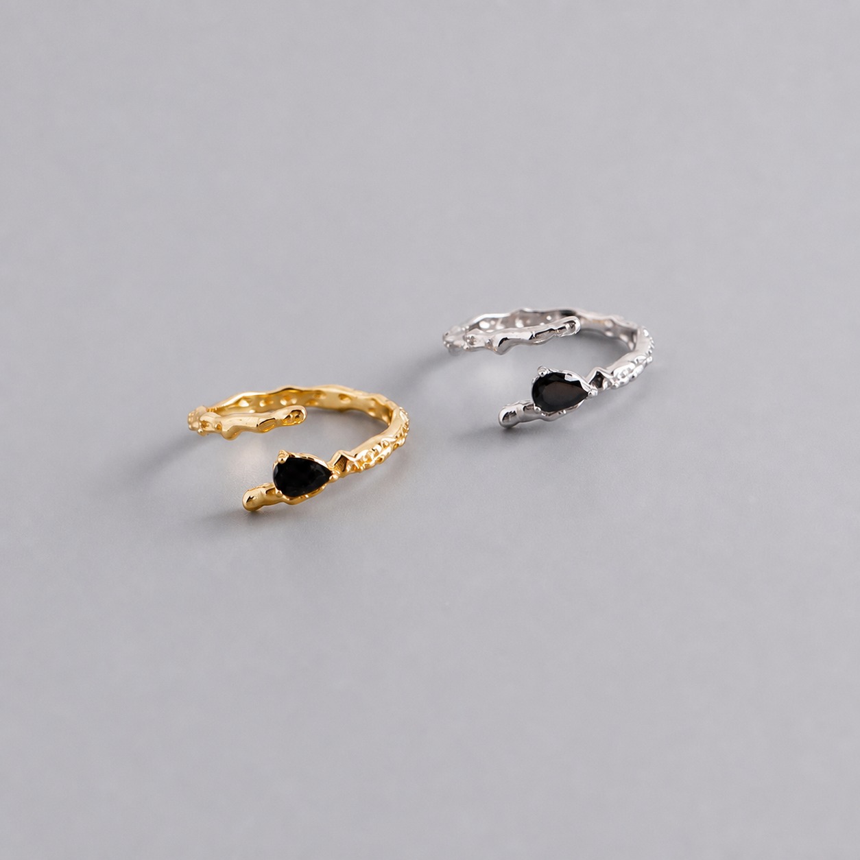 Black Teardrop Shaped Amazing Crystals Irregular Textured Wave Design 925 Sterling Silver Ring view 5