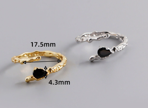Black Teardrop Shaped Amazing Crystals Irregular Textured Wave Design 925 Sterling Silver Ring view 6