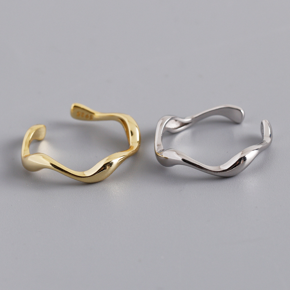 Pure Metal Wave Ripple Geometric Open Ring Gold Or White Gold S925 Sterling Silver Adjustable Ring For Women Modern Minimalist Fashion Commuter Jewelry Gift view 2