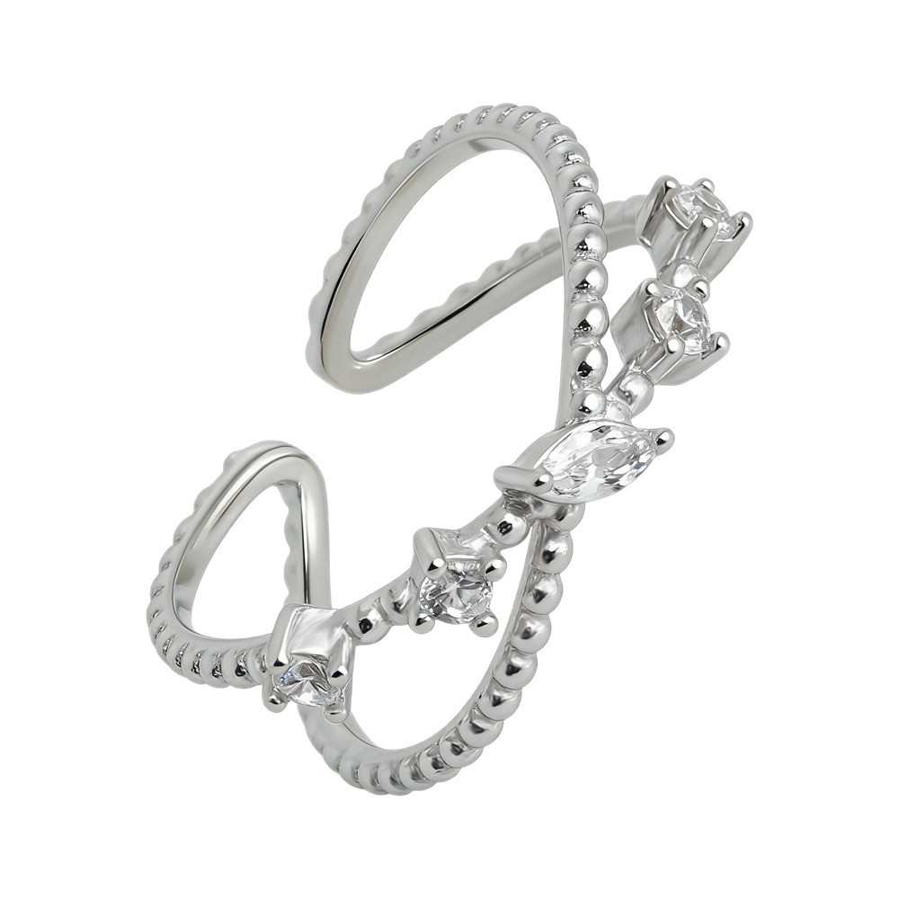 Amazing Crystals Cross Style Open Adjustable Band 925 Sterling Silver Ring