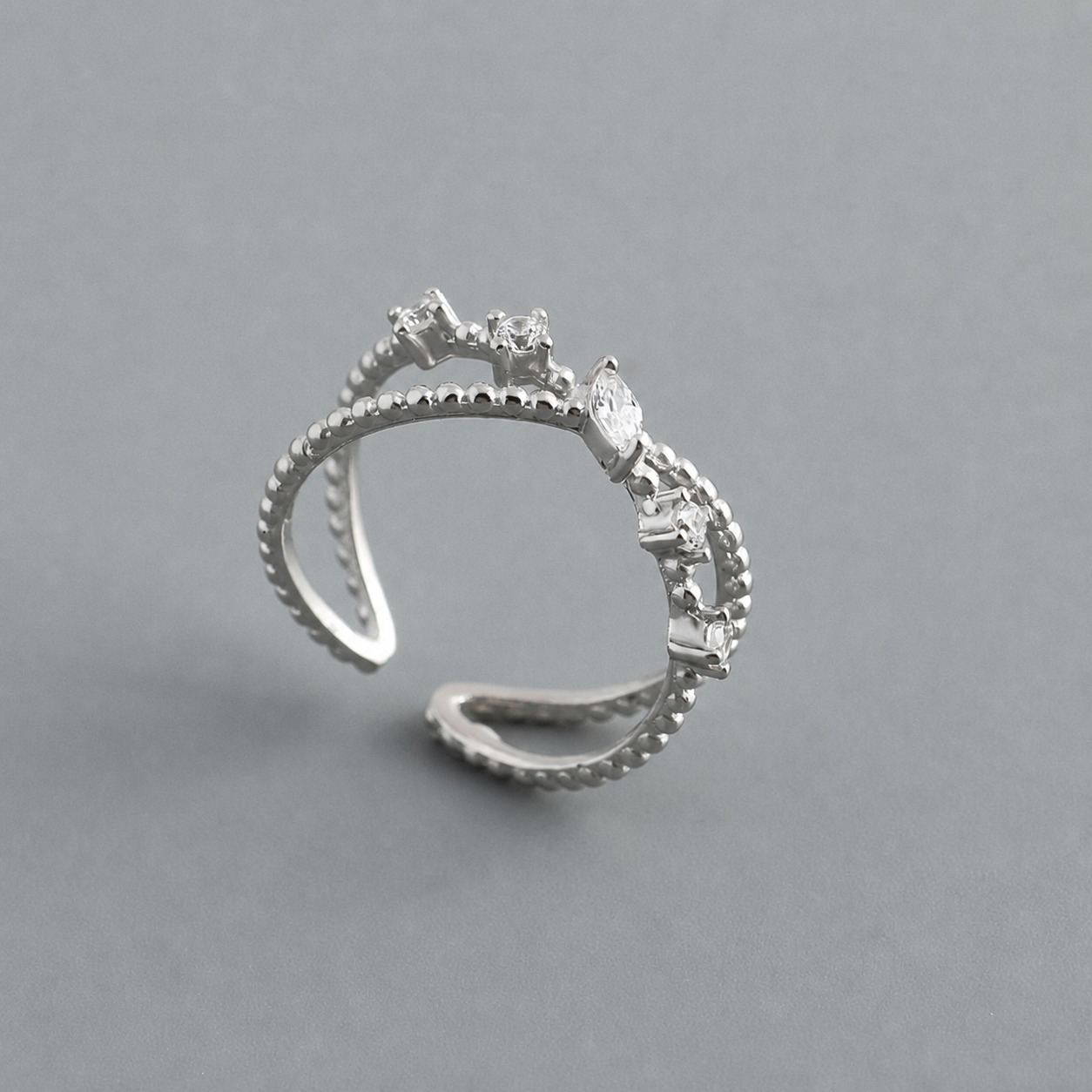 Amazing Crystals Cross Style Open Adjustable Band 925 Sterling Silver Ring view 5