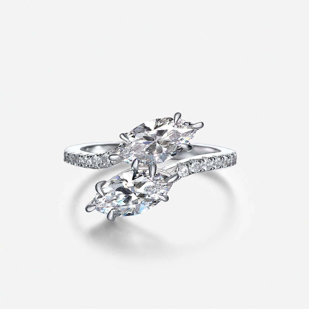 White Amazing Crystals Double Marquise-Cut Interlaced 925 Sterling Silver Ring view 2