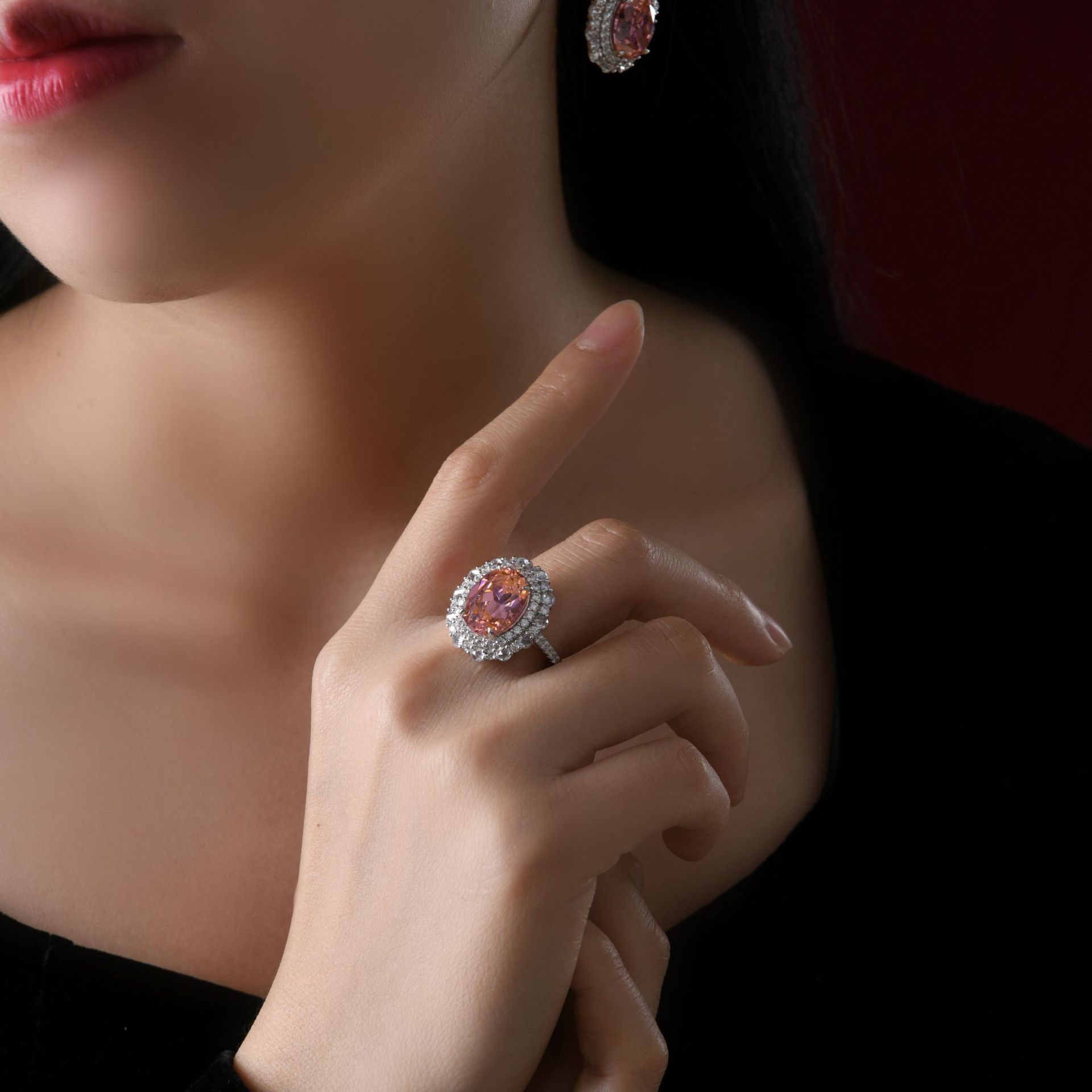 Pink Oval Zirconia Set 925 Sterling Silver Fashion Cocktail Ring view 5