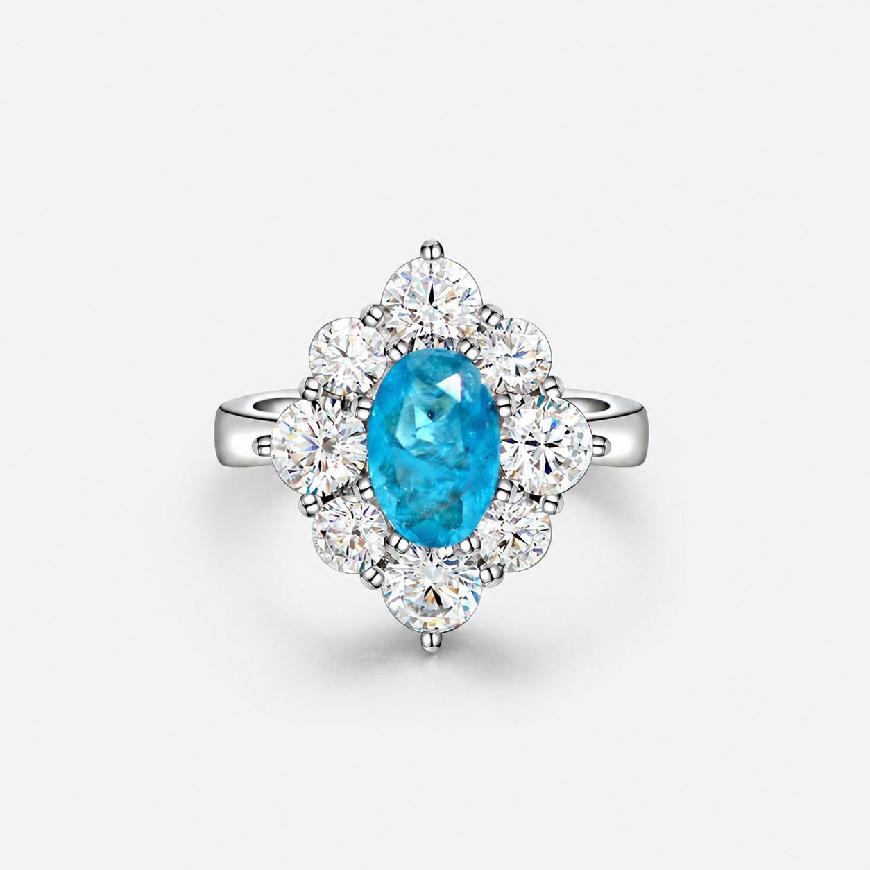 Oval shaped Paraíba blue sapphire set with Amazing Crystals in a 925 sterling silver halo Ring view 2