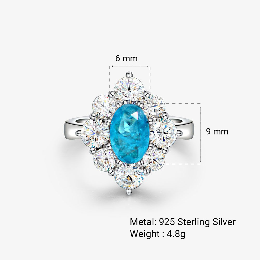 Oval shaped Paraíba blue sapphire set with Amazing Crystals in a 925 sterling silver halo Ring view 4