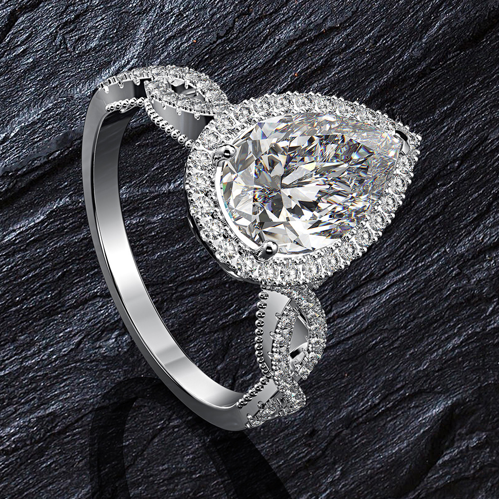 White Diamond Teardrop Shaped Halo Ring with Forked Band and Marquise-Cut Side Stones 925 Sterling Silver Wedding Ringnniversary Gift view 2